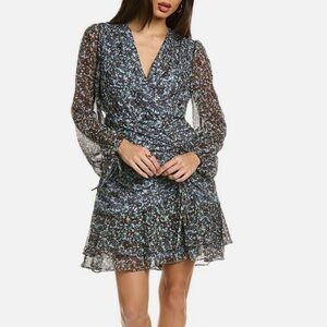TED BAKER Cherela Floral Print Ruched Tie Sheer Long Sleeve Mini Dress Sz 2 US